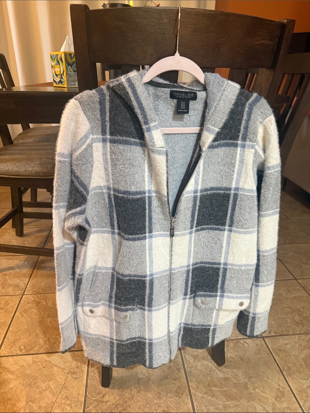 Rachel Zoe Plaid Hooded Zip Jacket in Gray and Cream